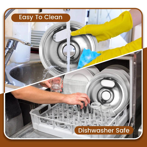 4 Pack Chrome Drip Pans For Electric Stoves With Locking Slots being washed and placed in dishwasher, showcasing easy clean and dishwasher safe features.