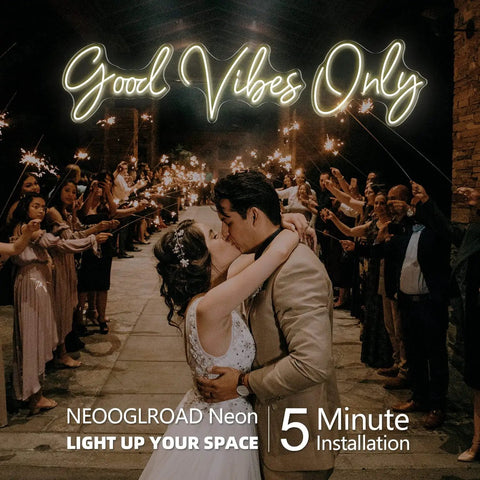 Couple kissing under Good Vibes Only Neon Sign For Walls Large LED Neon Light For Bedroom Party Bar Café Shop Decor Warm White