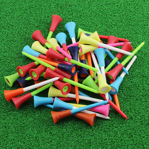 Rubber Cushion Top Golf Tees, 50 Pack Unbreakable Plastic Rubber Tees In Mixed Colors, Three And A Quarter Inch, pile on grass