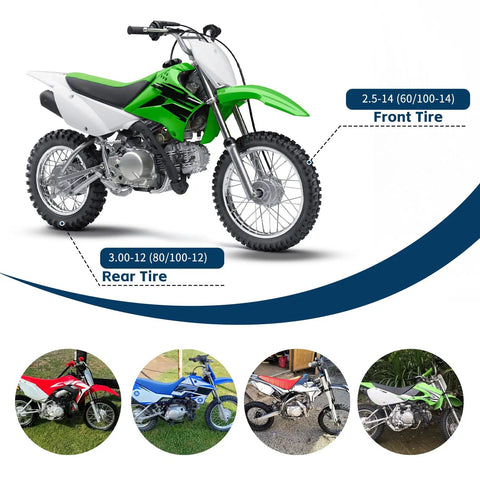 Honda Dirt Bike Tire And Inner Tube Set Front 2.50-14 Rear 3.00-12 on green dirt bike with highlighted tires