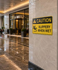 Caution Wet Floor Sign Set 10 X 7 Inch Two Pack Vinyl Sticker With High Visibility Reflective Waterproof Finish, Fade-Resistant Slippery When Wet Warning Decal For Commercial Kitchens, Offices, Warehouses And Restaurants on lobby wall