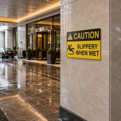 Caution Wet Floor Sign Set 10 X 7 Inch Two Pack Vinyl Sticker With High Visibility Reflective Waterproof Finish, Fade-Resistant Slippery When Wet Warning Decal For Commercial Kitchens, Offices, Warehouses And Restaurants on lobby wall