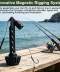 Magnetic Fly Threader For Fly Fishing Leader Stringing And Knotting Tools on dock with fishing rods, ocean backdrop