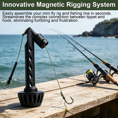 Magnetic Fly Threader For Fly Fishing Leader Stringing And Knotting Tools on dock with fishing rods, ocean backdrop