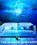 Star Projector Galaxy Light 3D Aurora Night Sky Projector illuminating a room with blue aurora effects above a sofa.