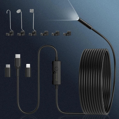 Borescope Camera With Light For Home And Auto Inspections, 7.9mm tube, cables, and accessories on display