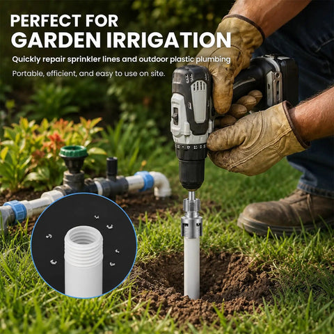 Pro Grade Pvc Pipe Threading Tool With 1 2 3 4 And 1 Inch Die Heads for fast threads on PVC in garden irrigation.