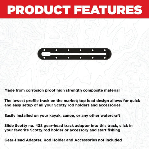 Low Profile 8 Inch Track System For Kayaks And Watercraft, Corrosion Resistant High Strength Composite, Top Load Design For Quick Setup Of Rod Holders And Accessories, Easy Install On Kayak, Canoe, And Other Gear. Black track on feature graphic