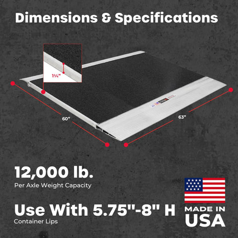 Heavy Duty Aluminum Shipping Container Forklift Ramp 60 By 63 Inch Deck Designed For 12000 Lb Per Axle Loads Specifications.