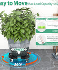 Lockable Wheel Plant Caddy showing a heavy plant in a pot on adjustable base with 440 lbs capacity indoors, highlighting 360-degree movement and accessories.