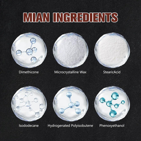 Six main ingredients of Interior Scratch Repair Kit for Dashboards, Plastics and Leather, shown in circular displays.