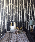 Birch Forest Wall Stencil XL 24x37 In For Large Pattern Painting behind bed with plush toys in modern boho bedroom decor.