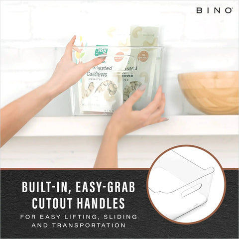 Smooth Operator Clear Plastic Storage Bins Large Two Pack Tough As Nails with easy-grab handles for organizing snacks.
