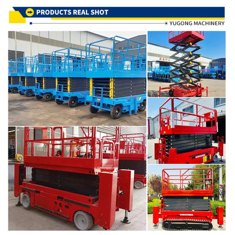 Shop Tough Heavy Duty Scissor Lift Platform Built Like A Tank For Industrial Material Handling And Machine Installation Featuring Reinforced Steel Base And Rock Solid Guardrails, showcasing blue and red models in various heights.