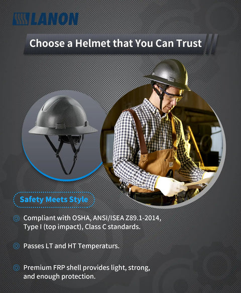 Full Brim Hard Hat For Worksite Safety OSHA Approved Construction Helmet In Charcoal Gray FRP Safety Gear With 4 Point Adjustable Ratchet Suspension Class C Protection shown on worker.