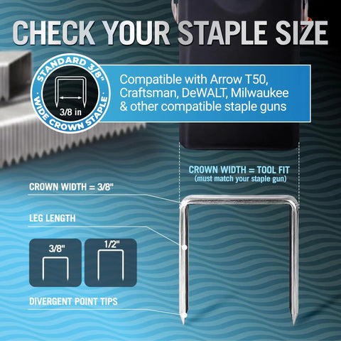 Tough As Nails Marine Grade Type T50 Stainless Steel Staple Gun Nails, showing crown width 3/8 inch and leg lengths 3/8 or 1/2 inch.