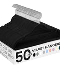 Velvet Non Slip Closet Hangers Pack of 50, black velvet hangers with silver hooks, ideal for organizing delicate clothing.