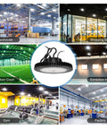 240W UFO High Bay LED Light for Warehouse and Garage, Ultra Bright 34800 Lumens, shown in various industrial settings
