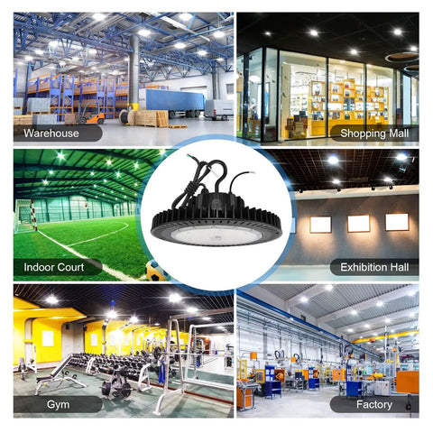 240W UFO High Bay LED Light for Warehouse and Garage, Ultra Bright 34800 Lumens, shown in various industrial settings