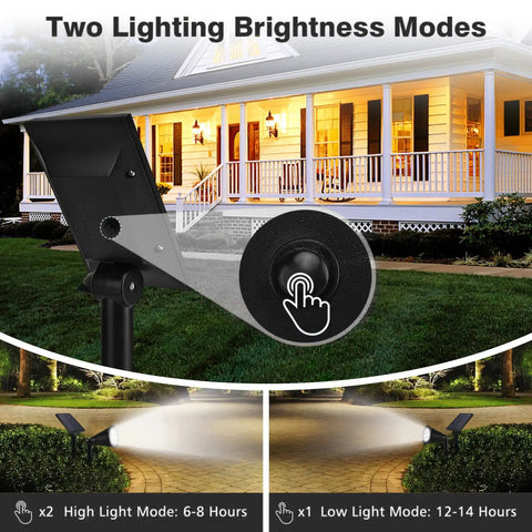 Ultra Bright Solar Spot Lights Outdoor With 7 LEDs And Upgraded Panel illuminating a porch and pathway, highlighting brightness modes.