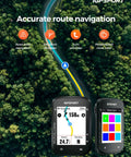 Route Nav GPS Bike Computer With 2.4 Inch Screen, wireless navigation features displayed against a forest background