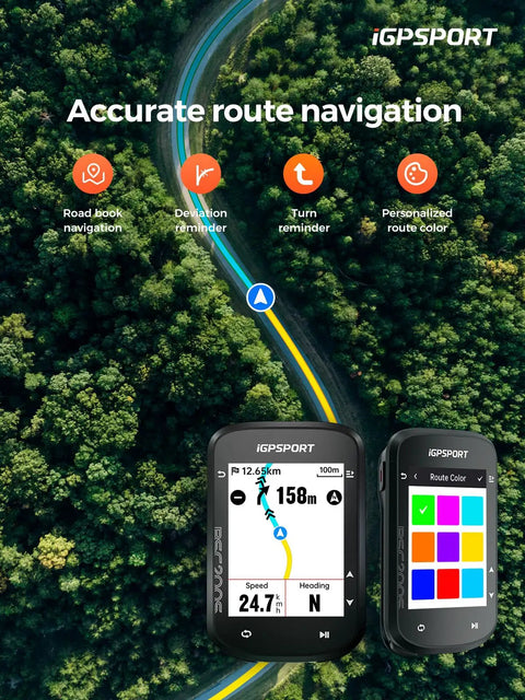Route Nav GPS Bike Computer With 2.4 Inch Screen, wireless navigation features displayed against a forest background