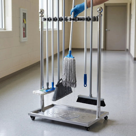 Go-To Floor Standing Mop And Broom Storage Rack For Schools, Factories, And Maintenance Crews - Heavy-Duty Cleaning Tool Holder, Movable Organizer, Keeps Cleaning Supplies Neat, Accessible, Ready To Use. Stainless steel floor-standing rack on casters holding mops and brooms.