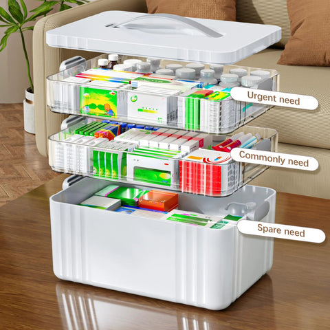 ARSTPEOE 3-tier portable medicine cabinet with clear drawers and white base; lid open showing medicines.