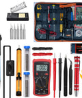 Pro Grade 60W Soldering Iron Kit With Digital Multimeter, tools, and accessories in portable red tool bag.