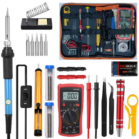 Pro Grade 60W Soldering Iron Kit With Digital Multimeter, tools, and accessories in portable red tool bag.