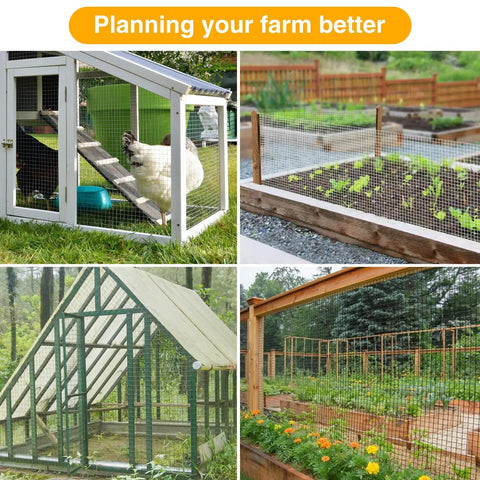 16 By 10 Feet Black Hardware Cloth Roll Featuring One Inch Grids And 16 Gauge PVC Coated Galvanized Steel in various farm settings.