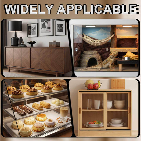 Collage of furniture, terrarium, dessert display case, and kitchen cabinet with text 'Widely Applicable'