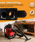 Two Point Five Inch Shop Vac Y Connector Separator with dual blast gates and hose splitter installed on red vacuum in workshop
