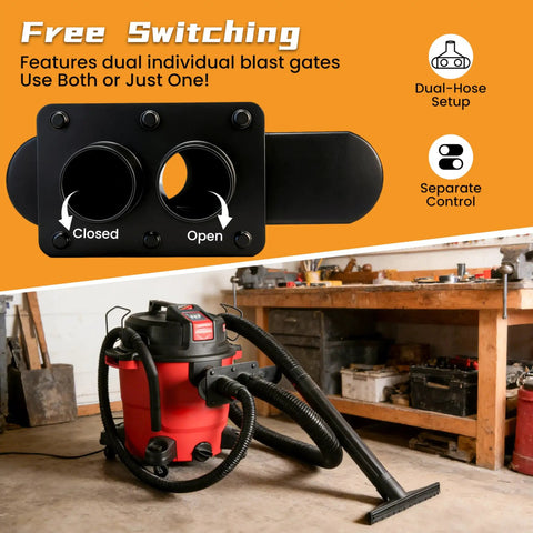 Two Point Five Inch Shop Vac Y Connector Separator with dual blast gates and hose splitter installed on red vacuum in workshop