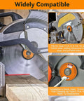 Rechargeable miter-saw laser guide mounted on a black saw with orange accent hub and Type-C port.