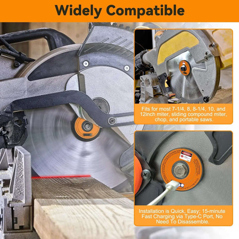 Rechargeable miter-saw laser guide mounted on a black saw with orange accent hub and Type-C port.