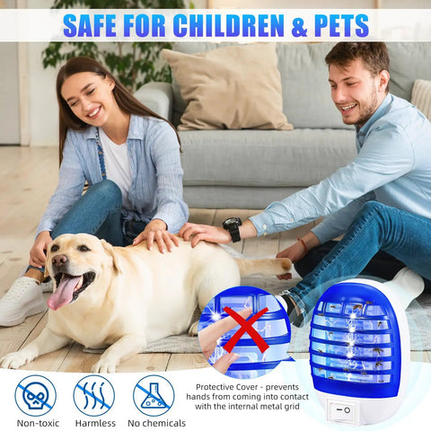Family in living room with dog and Plug In Indoor Bug Zapper With LED Light For Home Use, 360 Degree Mosquito And Fruit Fly Killer, Gnat And Moth Trap