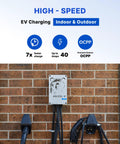 Duo Connect 40 Amp Level 2 EV Charger With 9.6 kW Output UL Listed heavy-duty metal wall mount on brick surface with cables