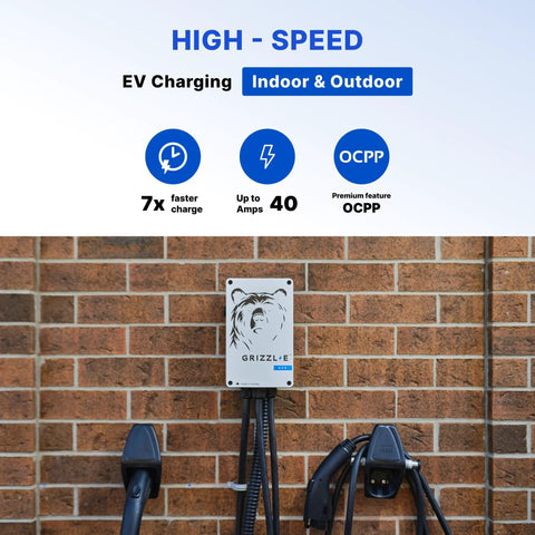 Solid As A Rock 40 Amp Level 2 Electric Vehicle Wall Charger With Smart WIFI Tracking and Hassle Free Scheduling mounted on brick wall.
