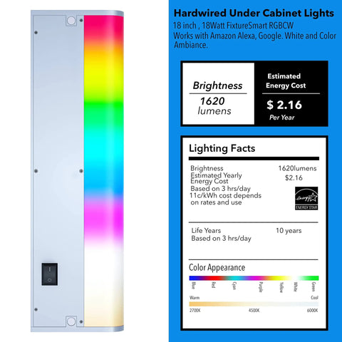 Image of Under Cabinet Lighting You Can Hard Wire Or Plug In, Dimmable RGB Color Changing LED Fixture With Remote, Alexa And Google Enabled, Easy Install For Kitchen Counter, 18 Inch, 2700K To 6500K, High CRI, Flicker Free showing energy details and color spectrum.