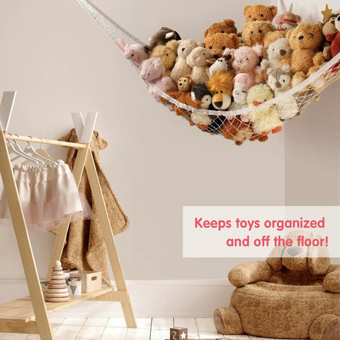 Corner Hanging Stuffed Animal Storage Hammock Net For Plush Toys Large Capacity Toy Organizer filled with plush toys in kids' room