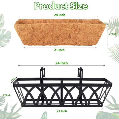 Dimensions for 24-inch deck railing planter with coconut coir liner, showing frame size and coir liner fit.
