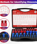 66 Piece Thread Checker Set For Nut And Bolt Size Checks In Tight Spaces With SAE And Metric Gauges DIY Friendly Includes 35 Standard And 31 Metric Sizes For Quick Easy Identification. red and blue metal thread checker case with labeled sizes
