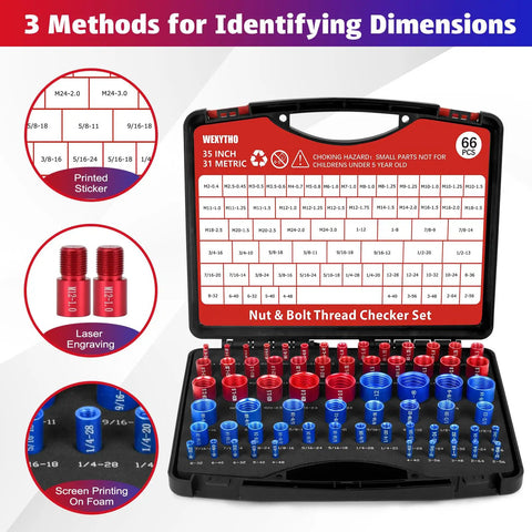 66 Piece Thread Checker Set For Nut And Bolt Size Checks In Tight Spaces With SAE And Metric Gauges DIY Friendly Includes 35 Standard And 31 Metric Sizes For Quick Easy Identification. red and blue metal thread checker case with labeled sizes