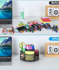 Desk with 360 Degree Desk Pen Holder With Seven Compartments Floral Design Black Finish Rotating Cup Organizer For Office Desk Pens Pencils Clips And Small Tools Sleek Multi Compartment Desk Accessory For A Boss Level Office Setup