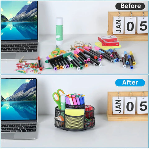 Desk with 360 Degree Desk Pen Holder With Seven Compartments Floral Design Black Finish Rotating Cup Organizer For Office Desk Pens Pencils Clips And Small Tools Sleek Multi Compartment Desk Accessory For A Boss Level Office Setup