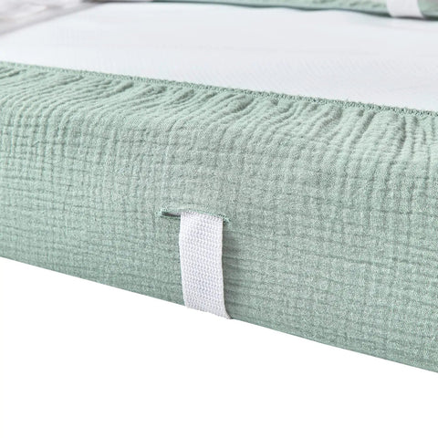 Ultra Soft Muslin Changing Pad Cover For Baby Diaper Changes fits 32x16 to 34x16 standard pads, close-up of elastic edge detail.