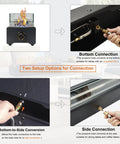 28 Inch Tabletop Propane Fire Pit With 40,000 BTU setup options for bottom and side connections, showing propane hose fittings.