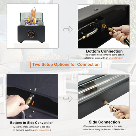 28 Inch Tabletop Propane Fire Pit With 40,000 BTU setup options for bottom and side connections, showing propane hose fittings.