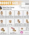 Brass pipe fittings assortment kit, 105 pcs, includes hex coupling, adapters, street elbows, tee, ball valve, plugs.